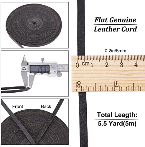 GORGECRAFT 5.5Yds 5mm Black Flat Genuine Leather Cord Natural Leather String Lace Strips Full Grain Cowhide Braiding String Roll for Jewelry Making DIY Craft Braided Bracelets Belts Keychains