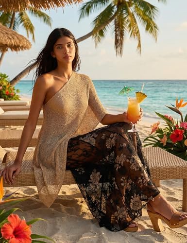 MAKABO Women's Crochet Sheer Poncho Top Lightweight Sparkly Shrug Pullover Knit Bolero Sweater Cover Up Beachwear