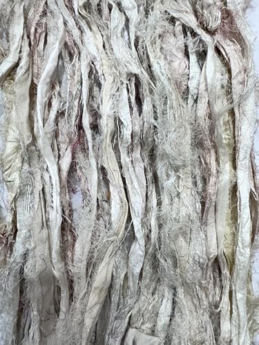 Maker's Craft Recycled Fuzzy Fringes Sari Silk Ribbon Yarn 35yards, 100Grams For DIY Knitting Crocheting Gift Wrapping, Christmas Decoration, Macrame Makers, Jewelry Making, RugsHooking (NaturalWhite)