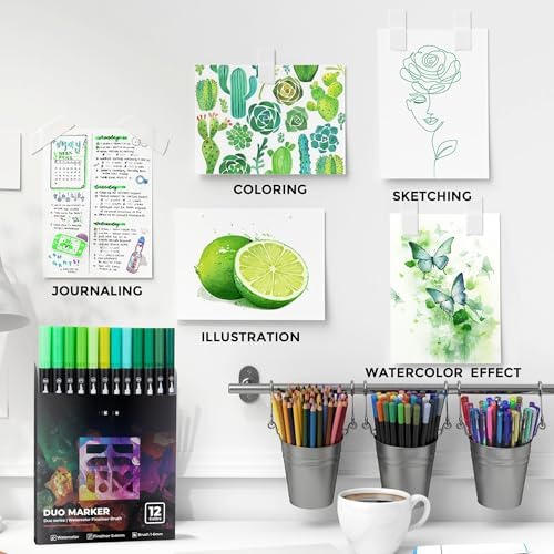Green Duo Tip Marker Pens, 12 Fine & Brush Tip Pen For Adult Coloring Books