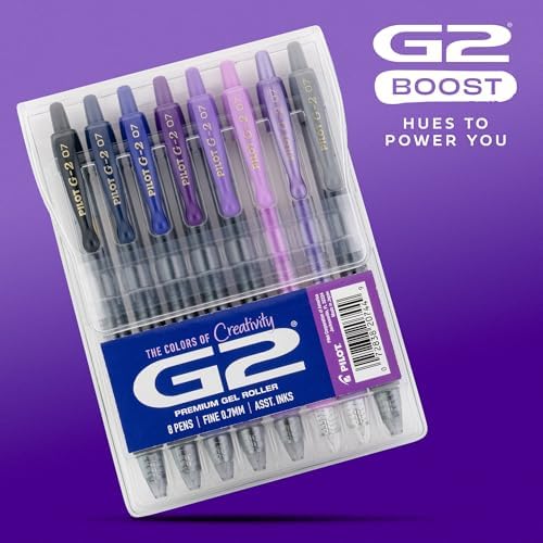 PILOT G2 Gel Roller Pens, G2 Boost Purple Pens Pack, 8 Pack Pouch, Assorted