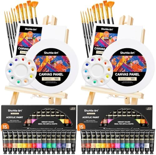 Shuttle Art 58 Pack Painting Kit for Adults and Couples, Sip and Paint Kit for Date Night and Crafts, with 2 Pack of 15 Colors Paint, 2 Wooden Easels, Canvas, Brushes & Palettes