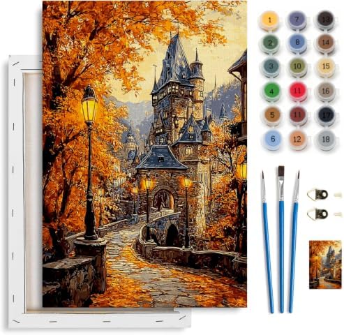 Spandrel Autumn Scenery Framed Paint by Numbers Kit for Adult Castle, Adult Paint by Number Kits on Canvas Landscape, DIY Acrylic Oil Easy Fall Painting by Numbers for Home Wall Decor, 8x12in