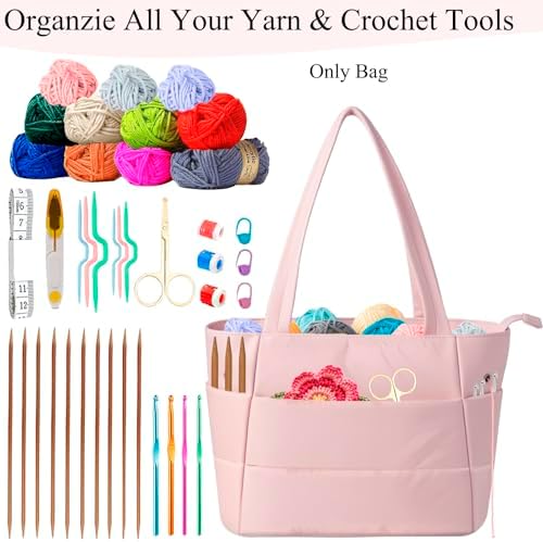 Crochet Bag for Yarn Storage, Puffer Knitting Bag with Soft Handles, Lightweight Yarn Storage Organizer with Zipper for Crochet Accessories, Gifts for Crocheters (Pink)