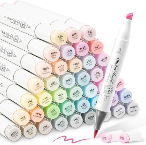Ohuhu Pastel Alcohol Brush Markers- 48 Colors of Honolulu Sweetness - AP Certificated -Alcohol Based Double Tipped Art Marker Set for Artist Adults Coloring Illustration- Brush & Chisel - Refillable