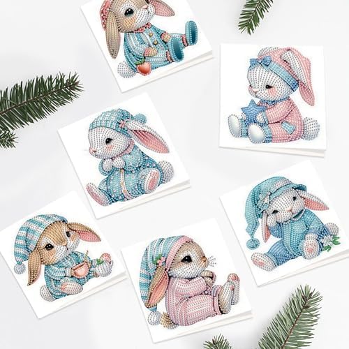 6pcs Diamond Art Painting Kit Greeting Card with Dress Bunny 5D DIY Diamond Handmade Holiday Greeting Card with Envelope, Holiday Gift Congratulation