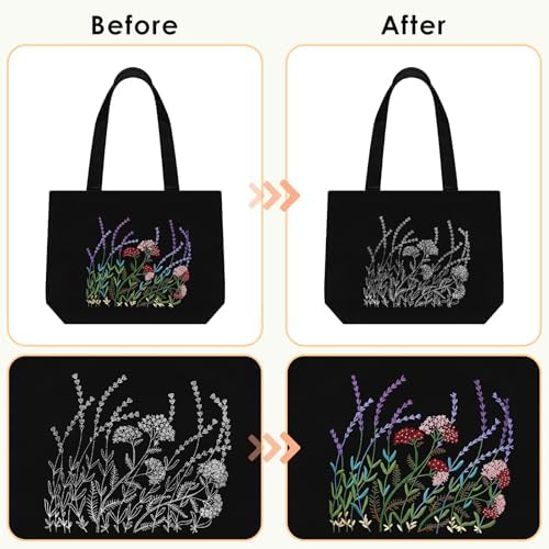 ERKOON Canvas Tote Bag Embroidery Kit for Beginners, Floral Arts Crafts Cross Stitch Kits for Adults Including Stamped Embroidery Bag with Hoops, Needle, Instruction and Color Threads (Lavender)