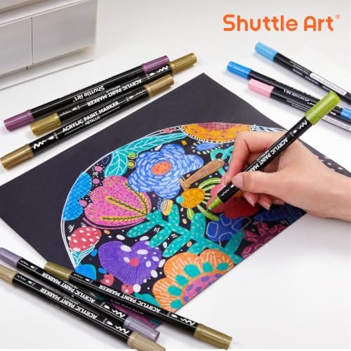 Shuttle Art 28 Metallic Brush & Fine Tip Acrylic Paint Markers