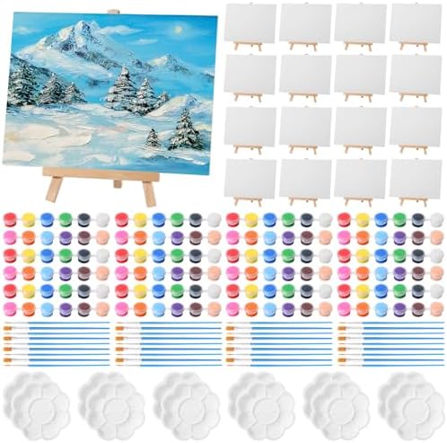 Qilery 24 Set 6 x 8 Inch Mini Canvas Boards and Easel for Painting, Acrylic Paint Strips, Palettes, Brushes, Canvases Painting Kits for Kids Adults Artists Beginners Oil Acrylic Painting Party Favors