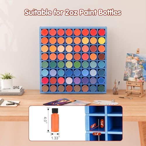Krafetto 64-Grid Paint Organizer for 2 Oz Bottles, Wall Mount, Blue
