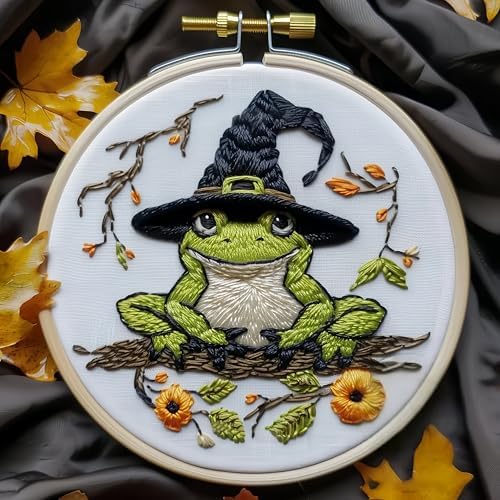 Floral Witch Hat Embroidery Kit Halloween Cross Stitch Material Set with Bat Skull Flower Pumpkin Patterns, DIY Hand Needlepoint Embroidery Craft Kit for Beginners Professional (Witchy Frog)