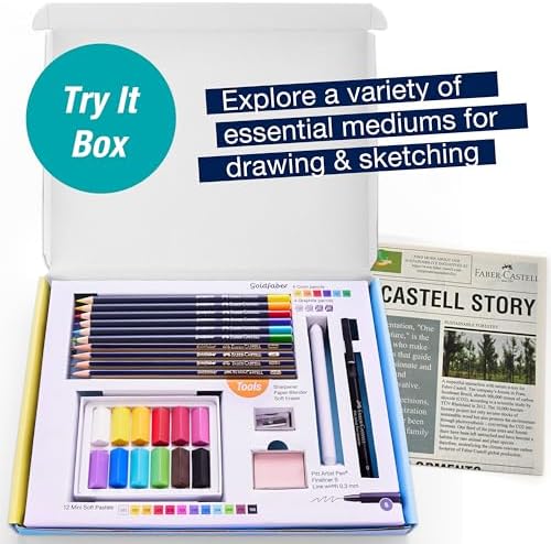 Faber-Castell Try It Box: Dry Mediums, 26 Piece Sketching Coloring Art Set with Colored Pencils, Graphite Pencils, Pastels, Pitt Artist Pen and Art Tools
