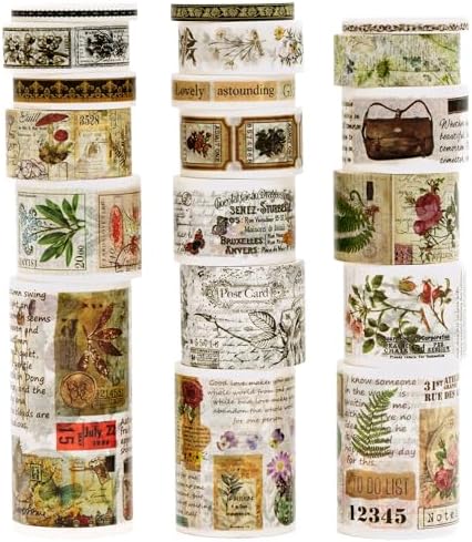 18 Rolls Vintage Washi Tape Pack Retro Arts Adhesive Tapes Wide Monologue Decorative Masking Tape Sets for Craft, Kids, Scrapbook, DIY, Gift Wrapping (Misty Forests)
