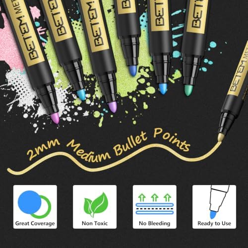 Betem Metallic Paint Markers, 26 Colors Acrylic Metallic Markers for Black Paper, 2mm Medium Tip Glitter Pens Scrapbooking Supplies, Teacher Appreciation Gift, Rock, Photo Albums, Card Making Kit