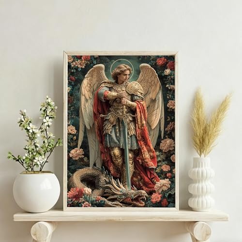 EOPLK Archangel Michael with Dragon Diamond Painting Kits for Adults, Religious Diamond Art Kit for Beginners, 5D DIY Full Drill Round Gem Painting by Numbers for Home Wall Decor Gift, 12x16 inch