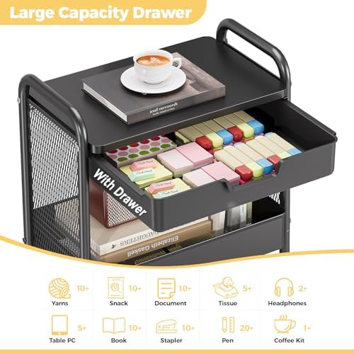 KINGBOARD 3 Tier Metal Rolling Cart with Drawer, Black Utility Storage Cart | 2 Cups & 4 Hooks, Lockable Wheels, Trolley Organizer for Bathroom, Kitchen, Office, Nursery, Dorm, Laundry, Craft Room