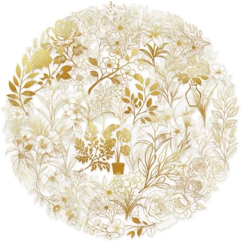 50 Pcs PET Transparent Gold Plant Stickers, Waterproof Vinyl Gold Foil Floral & Foliage Decals for Laptop Skateboard Luggage, Elegant Botanical Stickers Gift for Kids Teens Adults(Golden Plants)