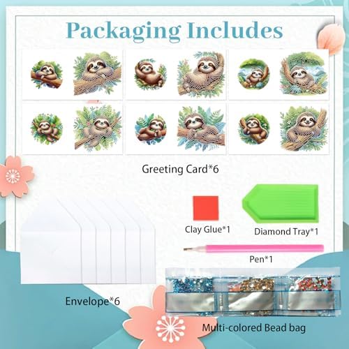antor 6-Pack Sloth Diamond Art Greeting Cards – DIY 5D Diamond Painting Greeting Card Kits for Adults with Envelopes, Relaxing Rhinestone Card Kit Featuring Cute Hanging Sloths on Tree Branches