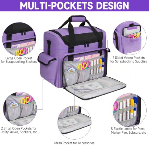 Craft Bag for Scrapbook Supplies, Large Scrapbook Tote with 15.6'' Laptop Sleeve, Art Supply Storage Bag with Multiple Pockets for Scrapbooking Tools, Purple