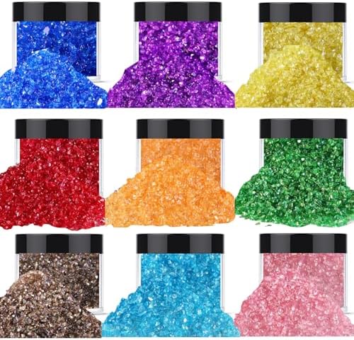 9 Box Transparent Broken Crushed Glass Glitter, 6.4oz/180g Irregular Shards Metallic Crystal Chips 2-4mm Chunky Flakes Sequins Gravel for Epoxy Resin Craft Supplies Nail Art DIY