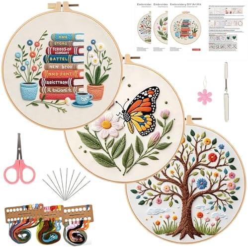 FEIYUENO 3 Sets Embroidery Stitch Kit for Beginners Adults (Tree Book)