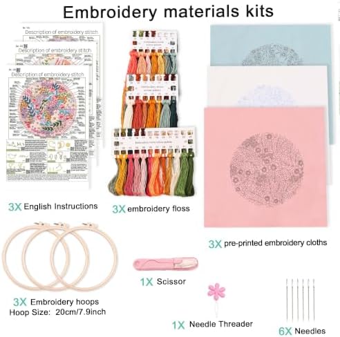 Harimau Beginner Adult Embroidery Kit, All-in-One Starter Pack with 3 Patterns, 3 Hoops, Scissors, Needles, Instruction Manual & Stitching Video Guides