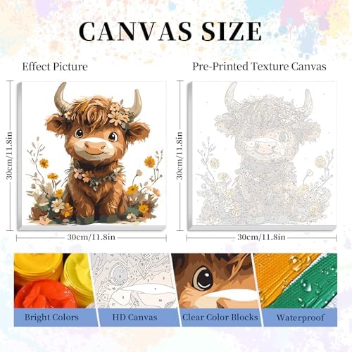Framed Paint by Numbers Kit for Adults Beginner, Highland Cow Easy Paint by Numbers with Frame, Highland Cow Acrylic Adult Painting by Number Kits on Canvas Framed for Gift Home Decor 12x12 Inch