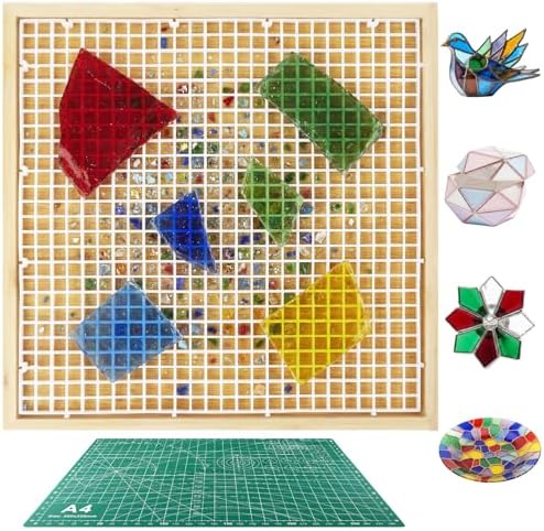 Verdanzia Stained Glass Cutting Mat, 12"X12" Waffle Grid Mat for Glass Cutting, Stained Glass Cutting Board with Tray & Craft Cutting Mat, Stained Glass Supplies for Scoring and Cutting Glass (Wood)