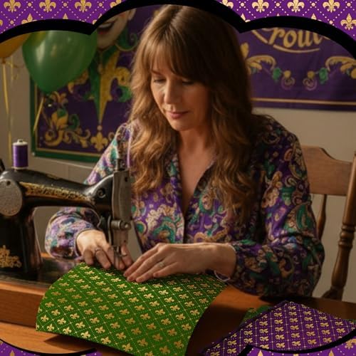 HunnmingRe 20 Pcs 10''x10'' Mardi Gras Quilting Fabric Square Bundle Lily Flowers Masquerade Precuts Quiltted Fabric Purple Green Gold Printed Patchwork Supplies for DIY Material Sewing Crafts