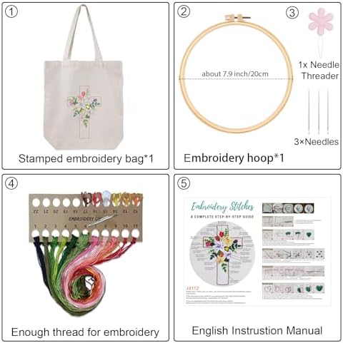Louise Maelys Cross Floral Embroidery Kit for Beginners Canvas Tote Bag