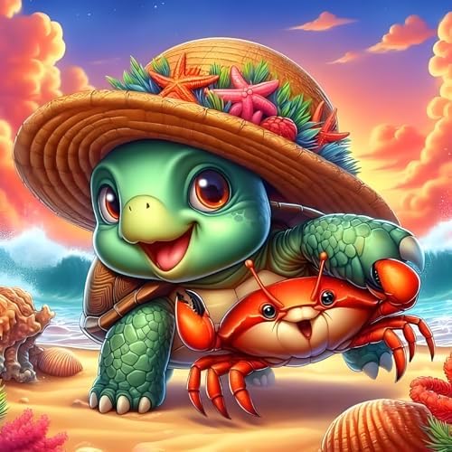 Sea Turtle Beach Diamond Painting Kits for Adults, Adorable Animal Diamond Art Kits for Beginners, 5D DIY Full Drill Round Diamond Dots Gem Arts and Crafts Suitable for Home Wall Decor 14 × 14 Inch