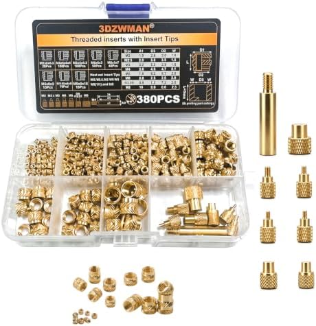 Heat Set Thread Inserts 380pcs Boxed with M2 M2.5 M3 M4 M5 M6(1/4) M8 Insert Tips for 3D Printing Components and Plastic Parts-Brass Metric Knurled Nuts