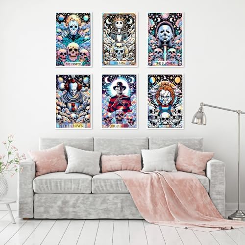 Clendo 6 Packs Halloween Paint by Number Kits for Adults, Horror Movie Adult's Painting by Numbers on Canvas, Easy Acrylic DIY Oil Painting on Canvas, Home Wall Decor(12x16in No Frame)