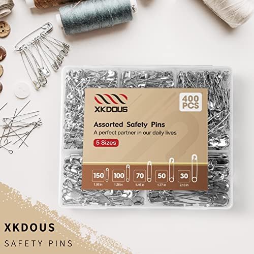 XKDOUS 400 Pack Safety Pins, 5 Universal Sizes Heavy Duty Pins for Clothes