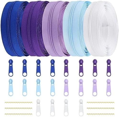DOITEM 15.3 Yards/ 14 m 5 Pieces Assorted Colors #3 Nylon Coil Zippers, Sewing Zippers Endless Zips with 20 Pieces Zipper Sliders Zip Heads for DIY Sewing Tailor Craft Supplies (Purple Blue White)