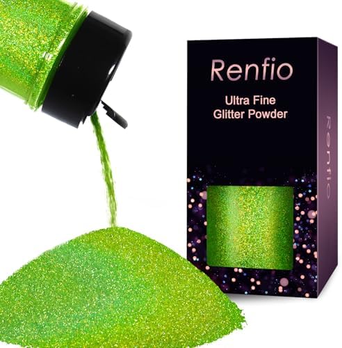 Renfio Holographic Ultra Fine Glitter Powder Metallic Resin Glitter 2.11 Oz (60g) PET Flakes Crafts Sequins 1/128" 0.008" 0.2mm Epoxy Chips Flakes for Tumblers Slime - Laser Light Green