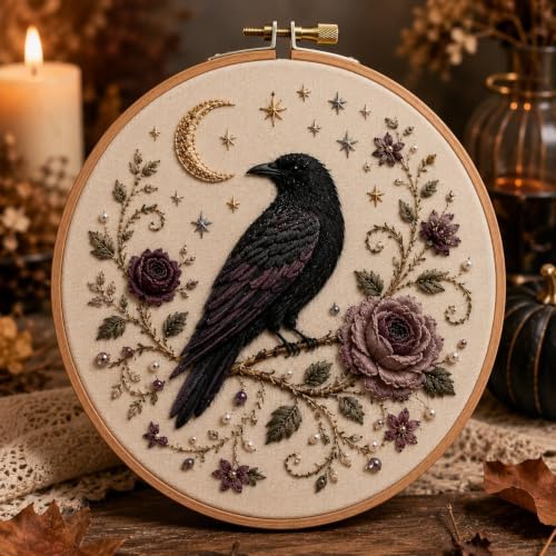 Halloween 3D Embroidery Hoop Decor Cozy Handmade-Style Fall Wall Art (Raven Moon)