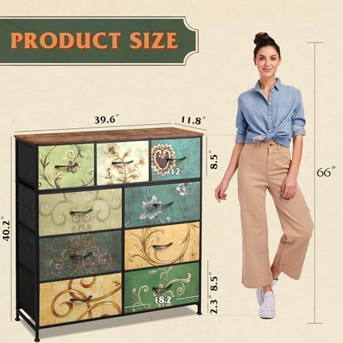 WLIVE Tall Dresser for Bedroom, 9 Drawer Chest of Drawers, Floral | 9 roomy fabric drawers, Tall storage design, Bedroom or closet use, Sturdy steel frame, Smooth wood tabletop