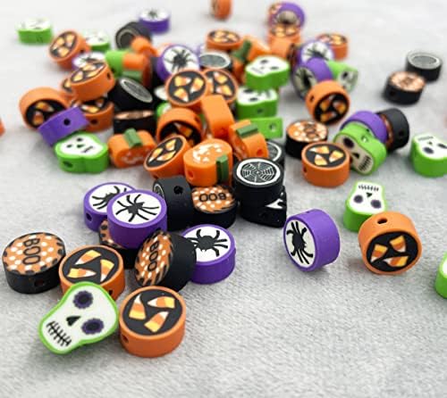 100 Pcs Halloween Handmade Polymer Clay Beads, 10mm Ghost Pumpkin Spider Polymer Clay Spacer Beads for Women Jewelry Making DIY Charms Bracelet Necklace Hair Clip Accessories Handmade Craft