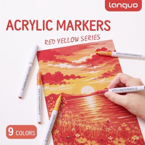 languo Acrylic Paint Markers, 9 Colors Red Yellow Series, Soft Brush Tip
