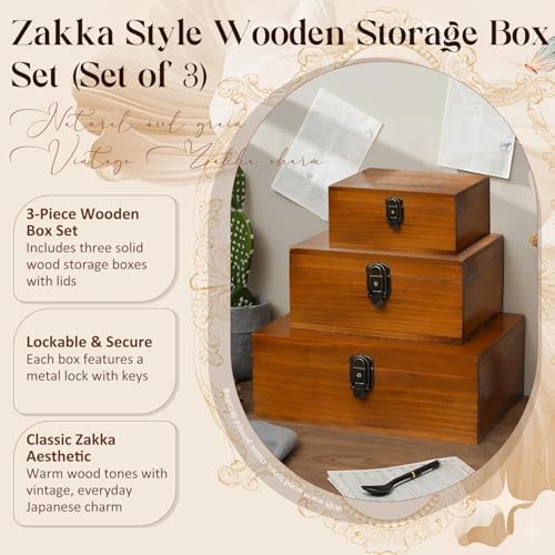 Vintage Wooden Storage Boxes Set of 3 I Zakka Style Organizer with Hinged Lids & Locks I 3 Sizes for Jewelry, Keepsakes, Letters & Desk I Stackable Rustic Wood Display Treasure Boxes for Home Decor
