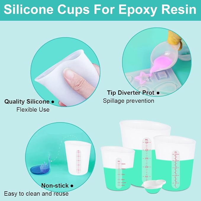 6 PCS Silicone Cup Set, 500ml, 250ml and 125ml for Epoxy Silicone Measuring Cups, Non-Stick Mixing Cups, Casting Molds, Jewelry Making,with Marking Ounces/ml