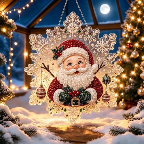 Cheerdox Christmas Pearl Diamond Arts Suncatcher DIY Kit, 5D Diamond Pearl Art Painting Acrylic Round Board with Lace Edge, Christmas Diamond Art Beads Craft Kit for Holiday (Style J)