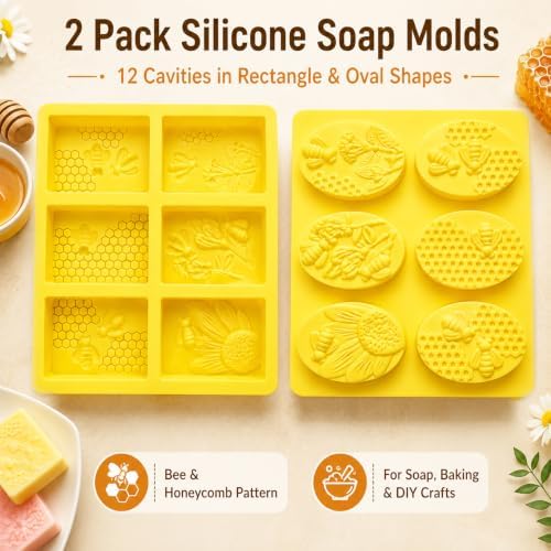 2 Pack 6 Cavity Bee Honeycomb Design, Rectangle & Oval Non-Stick Flexible Silicone Soap Molds for Soap, Wax Melts, Beeswax, Chocolate, Candle & Craft Making