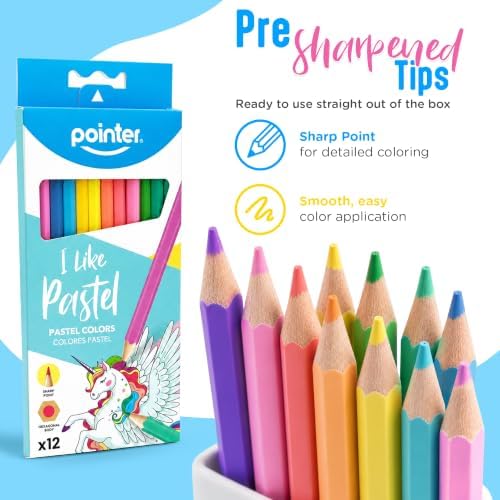 Pointer I Like Pastel Colored Pencils – 12 Count, Pre-Sharpened, Hexagonal Body, Soft Pastel Shades, School & Art Supplies