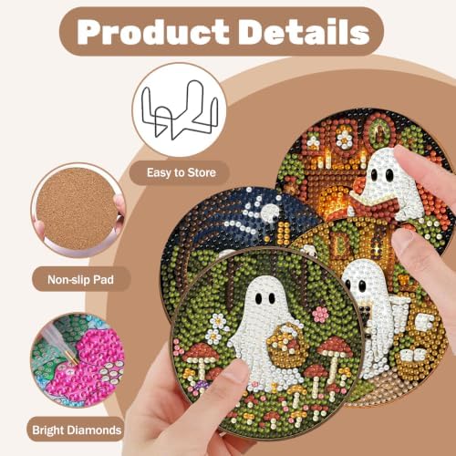 8 Pcs Halloween Diamond Art Coasters Kits, Ghost Diamond Painting Coasters
