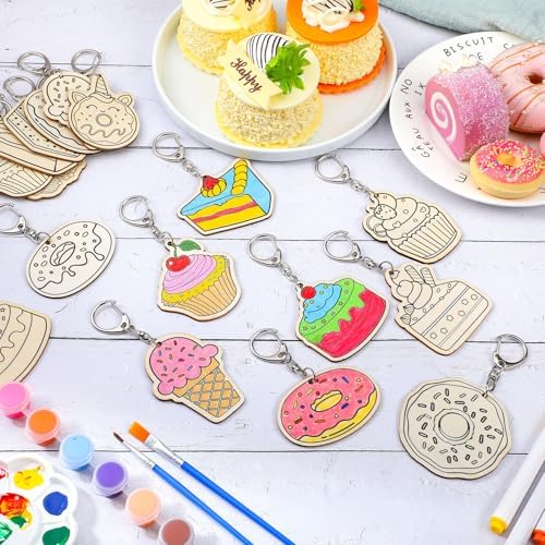 Trnayi 36 Pcs Dessert Unfinished Wood Keychain Color Your Own DIY Craft | Dessert Wooden Keychain, Color Your Own Unfinished Craft, Blank Wood Painting DIY Craft, for Summer Party Art Project