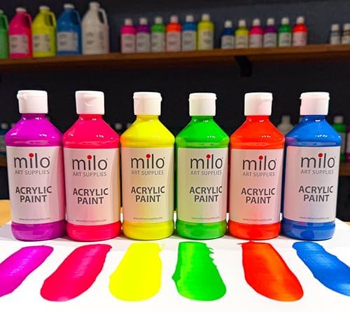 milo Fluorescent Acrylic Paint Set of 6 Colors | 8 oz Bottles | Student Neon Colors Acrylics Painting Pack | Glows UV in Black Light | Non-Toxic Arts & Crafts Paints for Artists & Hobby Painters | Made in USA