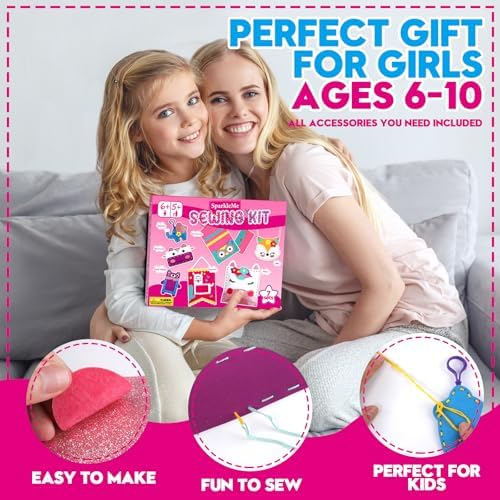 Sewing Craft Kit for Girls: DIY Felt Sewing Kit for Kids Ages 5-10, 7 Fun Projects with Stuffed Animals & Pillows, Learn to Sew Kit for Beginners, Ideal for Christmas & Birthday, Arts & Crafts Ideas