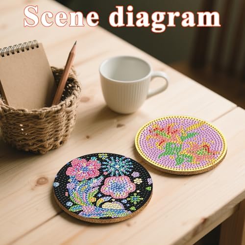 DOTSOPS 6 PCS Flowers Diamond Painting Coasters for Beginners with Holder
